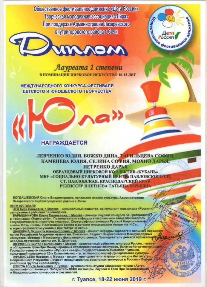 Диплом Лауреата 1 степени  10-12 лет коллектив Цирка Кубань МКФДЮТ Юла июнь 2019