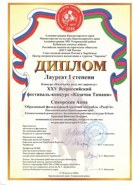 Диплом лауреат 1 степени Сикорская Анна - 19-24 авг 2018.