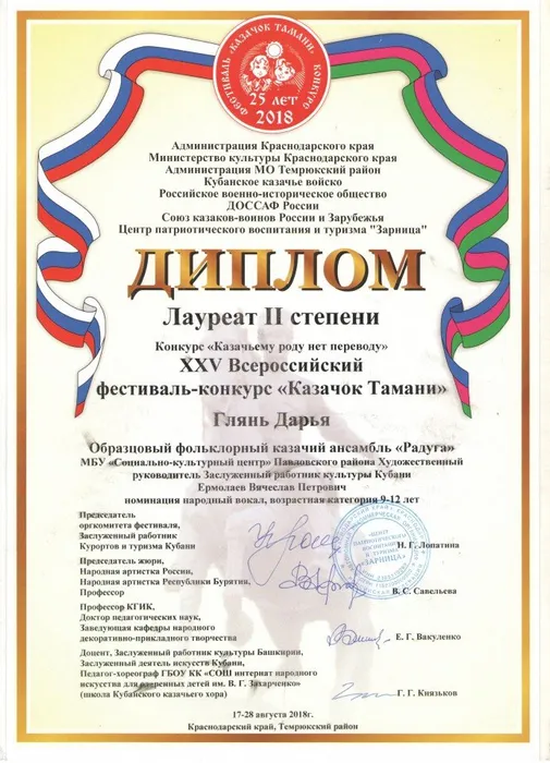 Диплом лауреат 2 степени Глянь Дарья - 19-24 авг 2018.