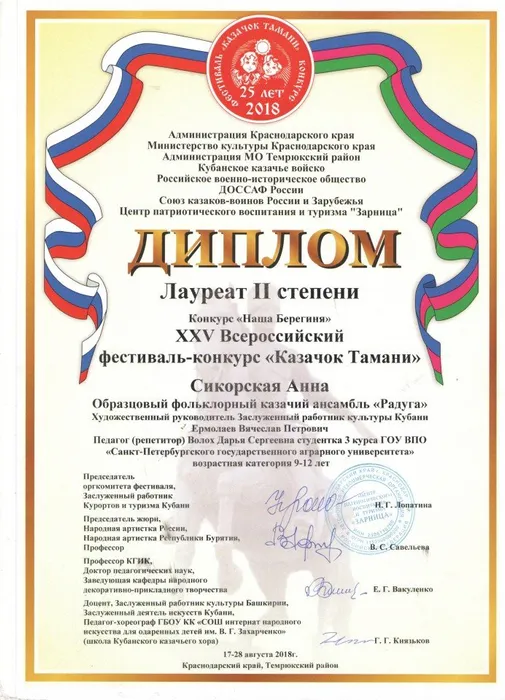 Диплом лауреат 2 степени Сикорская Анна - 19-24 авг 2018.